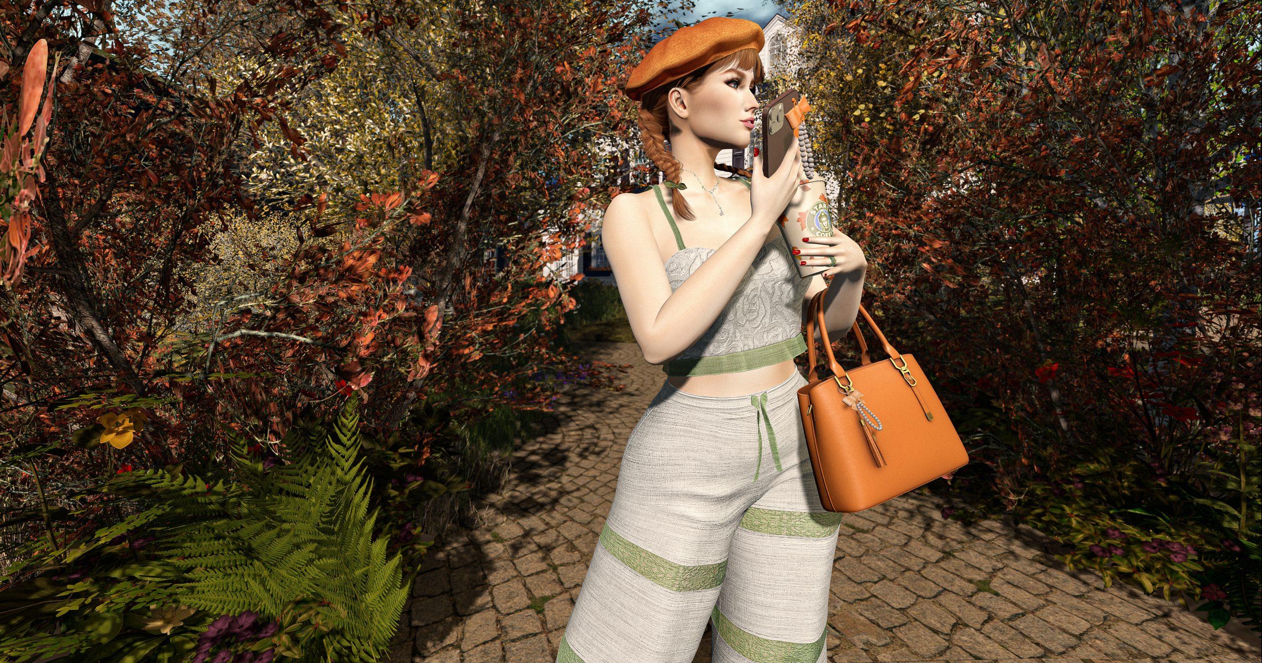 Side view of autumn outfit with crop top and pants, handbag and coffee in hand.