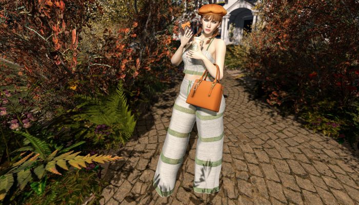 Full-body shot of autumn outfit with beret, crop top, and striped pants in Second Life.