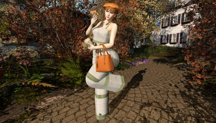 Playful pose with lifted leg in wide pants, coffee and phone in hand, autumn setting.