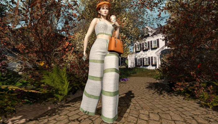 Full-body shot of autumn outfit with beret, crop top, and striped pants in SecondLife.