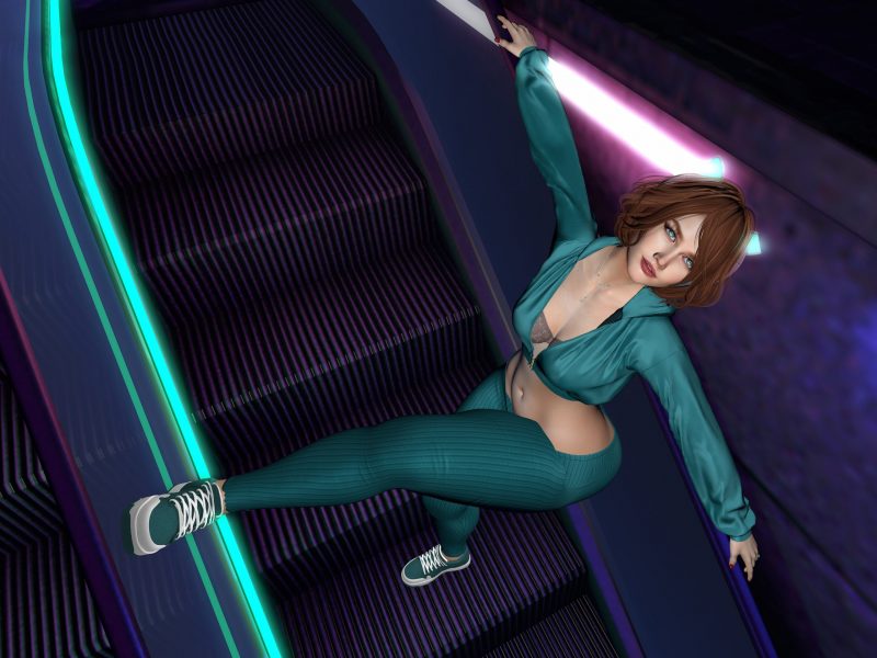 Streetwear Outfit by DELICATT Anika Whiskers leaning back on escalator rail with teal ribbed pants and sneakers.