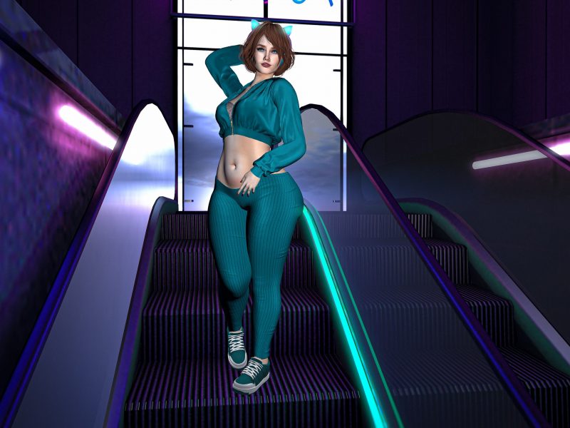 Streetwear look on escalator. Secondlife Fashion: standing on escalator in teal outfit with sneakers.