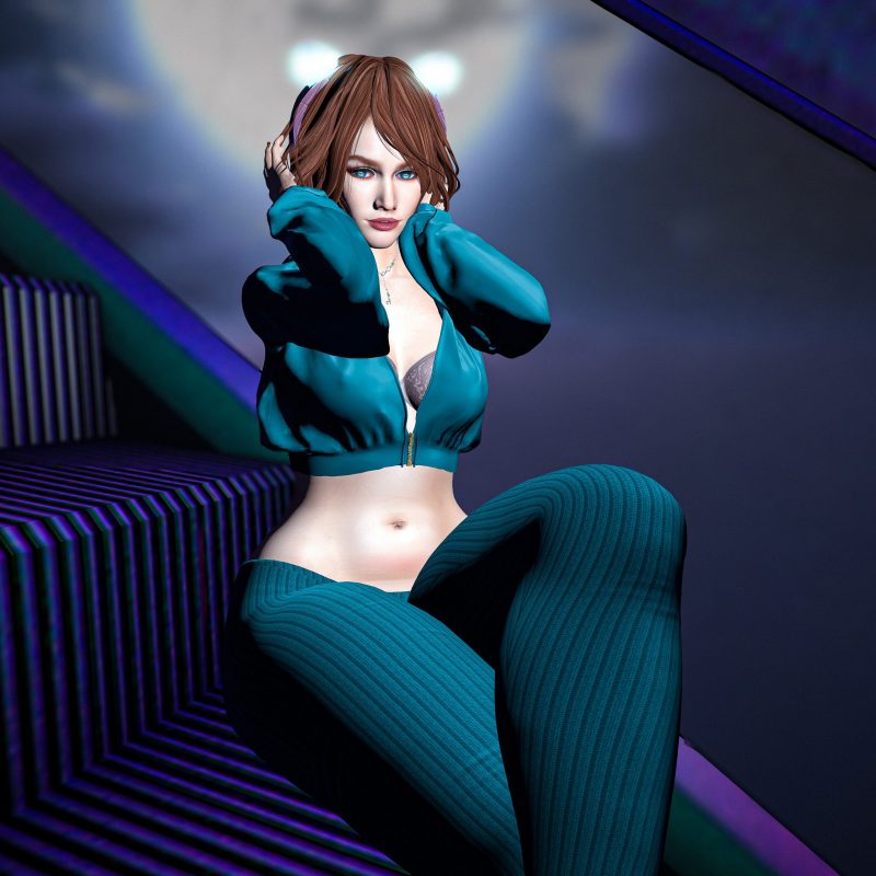 escalator pose in teal streetwear. Overhead shot of avatar posing on escalator in cropped jacket.