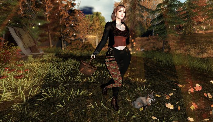 Avatar standing in autumn forest, holding basket, small fox beside, warm sunlight – Second Life fashion story