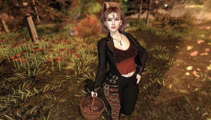 Close-up of avatar smiling in autumn forest, basket filled with mushrooms, rose-pattern outfit – Second Life autumn look