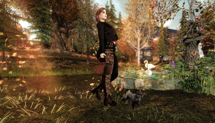 Avatar walking by pond in autumn forest, swan and fox in background – Second Life enchanted fashion