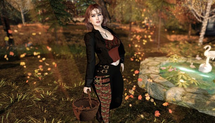 Avatar standing near pond, autumn leaves falling around, rose pattern outfit highlighted – Second Life autumn fashion