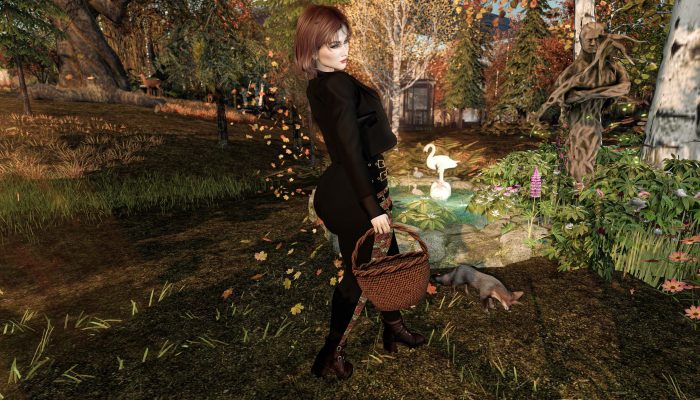 Portrait of avatar in autumn forest, holding basket filled with mushrooms, warm light – Second Life fashion photography