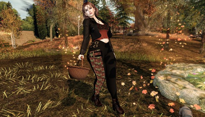 Avatar walking forest path with basket, house in background, autumn leaves and flowers – Second Life autumn stroll