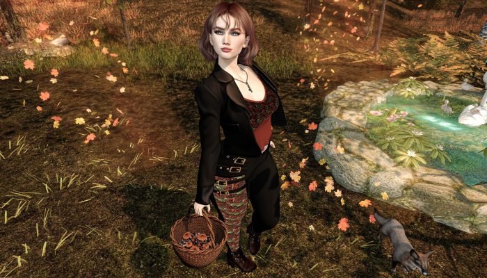 Avatar posing with basket in autumn forest, fox on ground, sunlight on rose-pattern pants – Second Life fall fashion