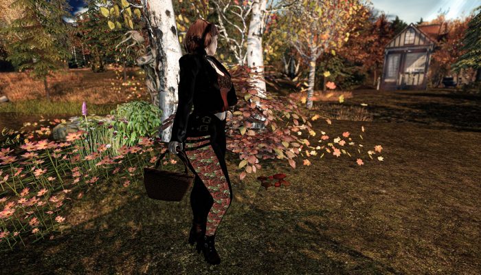 Avatar posing in autumn forest, basket in hand, swirling leaves around, rose outfit detail – Second Life autumn look