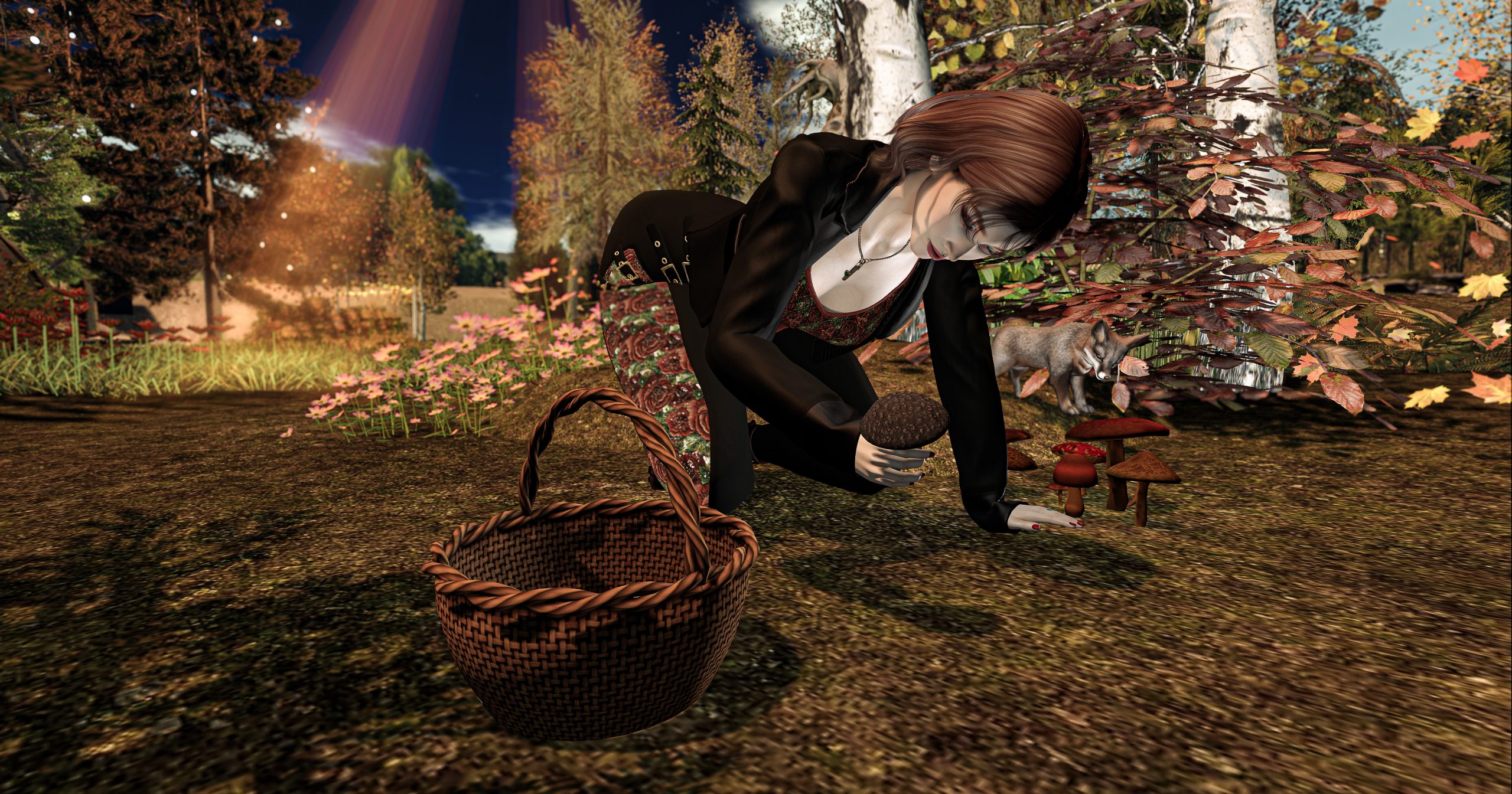 Autumn Whispers – A Forest Walk with Hidden Treasures kneeling in autumn forest, holding a mushroom with basket beside – Second Life autumn fashion