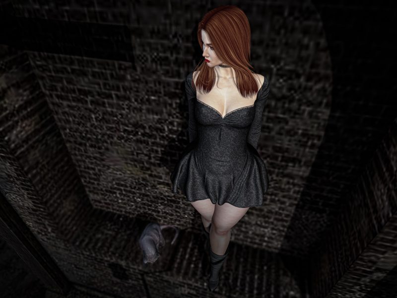 Woman reaching toward a cat on the wall in a Second Life alley, soft lighting.