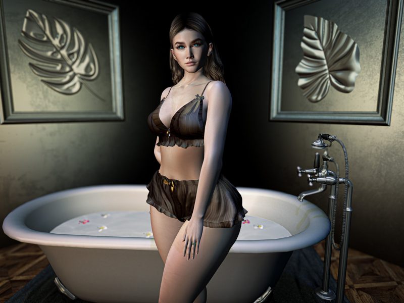 Woman in delicate lingerie standing gracefully in front of a vintage bathtub with petals floating on the water.