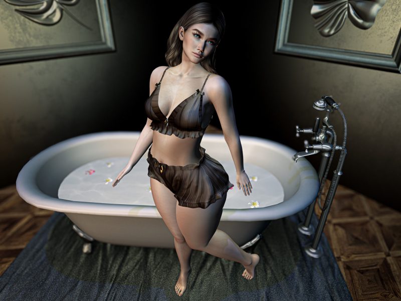 Woman barefoot in lingerie near a clawfoot tub, one leg slightly raised in a playful pose.