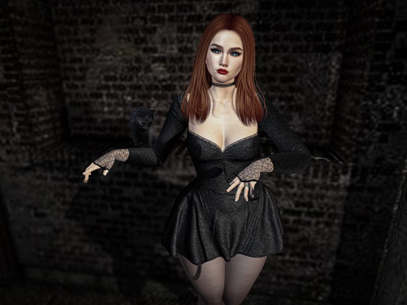 Dark fashion mood in Second Life alley, woman standing under neon light with cats behind.