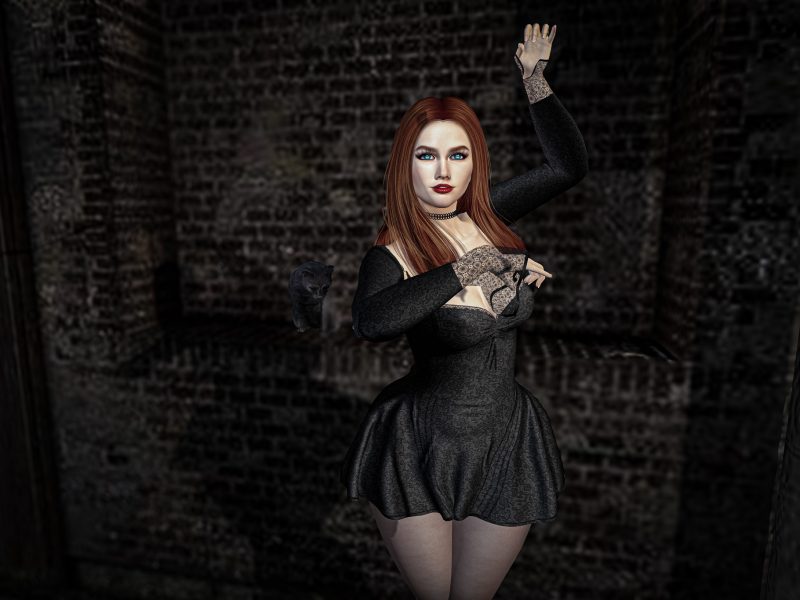 Woman striking a confident pose in a black dress, watched by black cats in the alley.