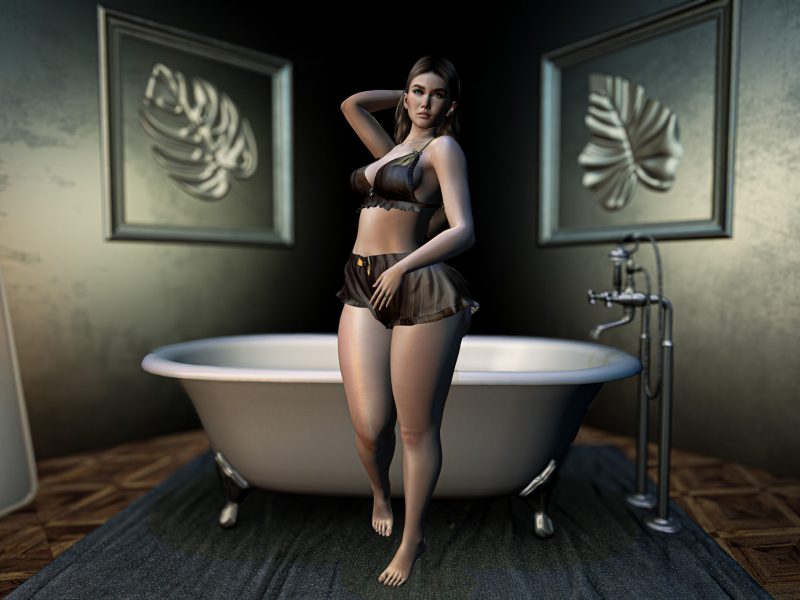 Woman in lingerie with hand in her hair, standing near a bathtub under soft warm lighting.