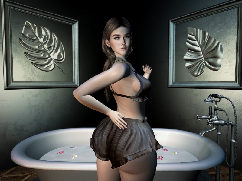 Woman glancing over her shoulder in sheer lingerie, bathtub with flower petals behind her.