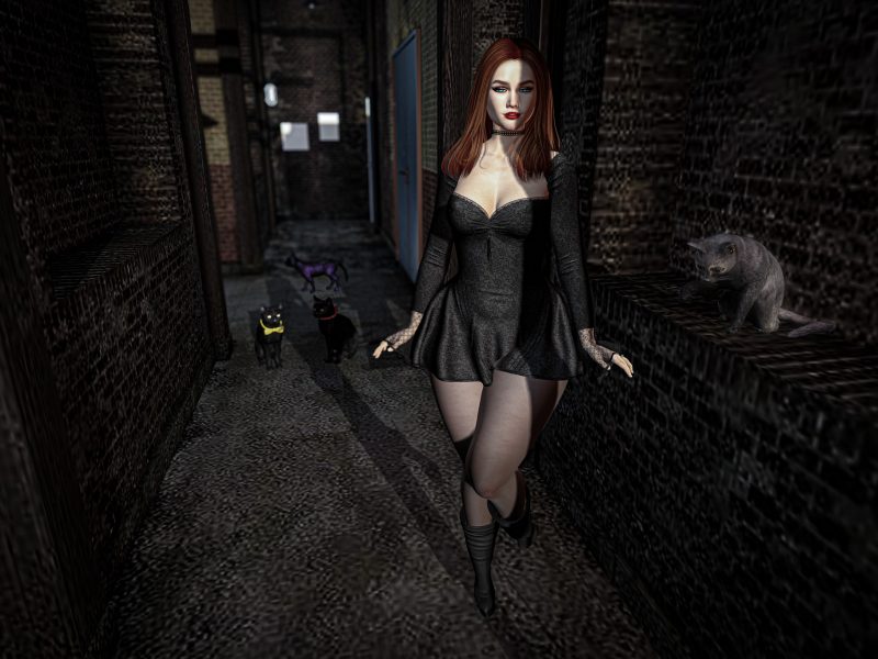 Second Life fashion model walking in an alley, followed by cats with glowing eyes.