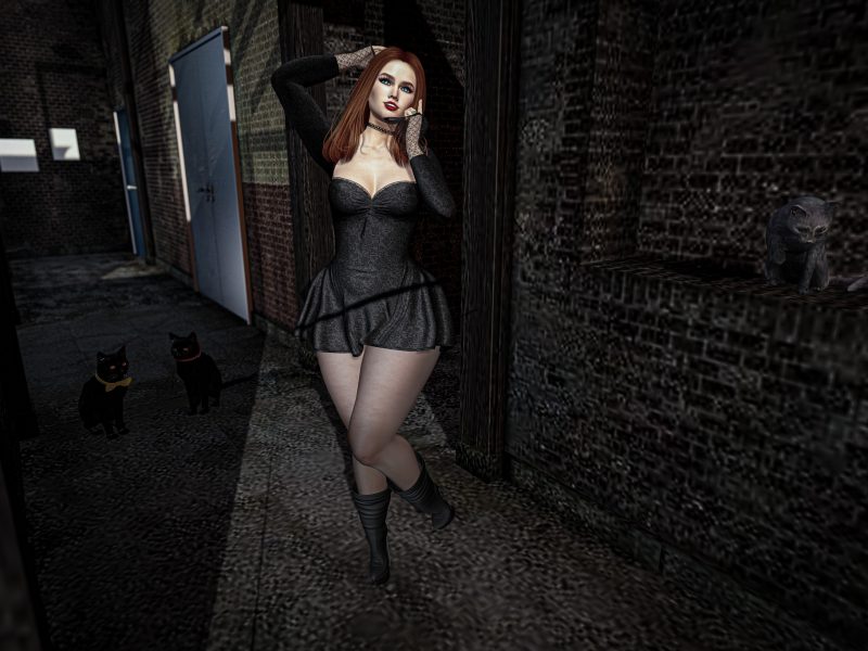 Second Life fashion scene, woman in black dress with lace gloves and cat on the wall.