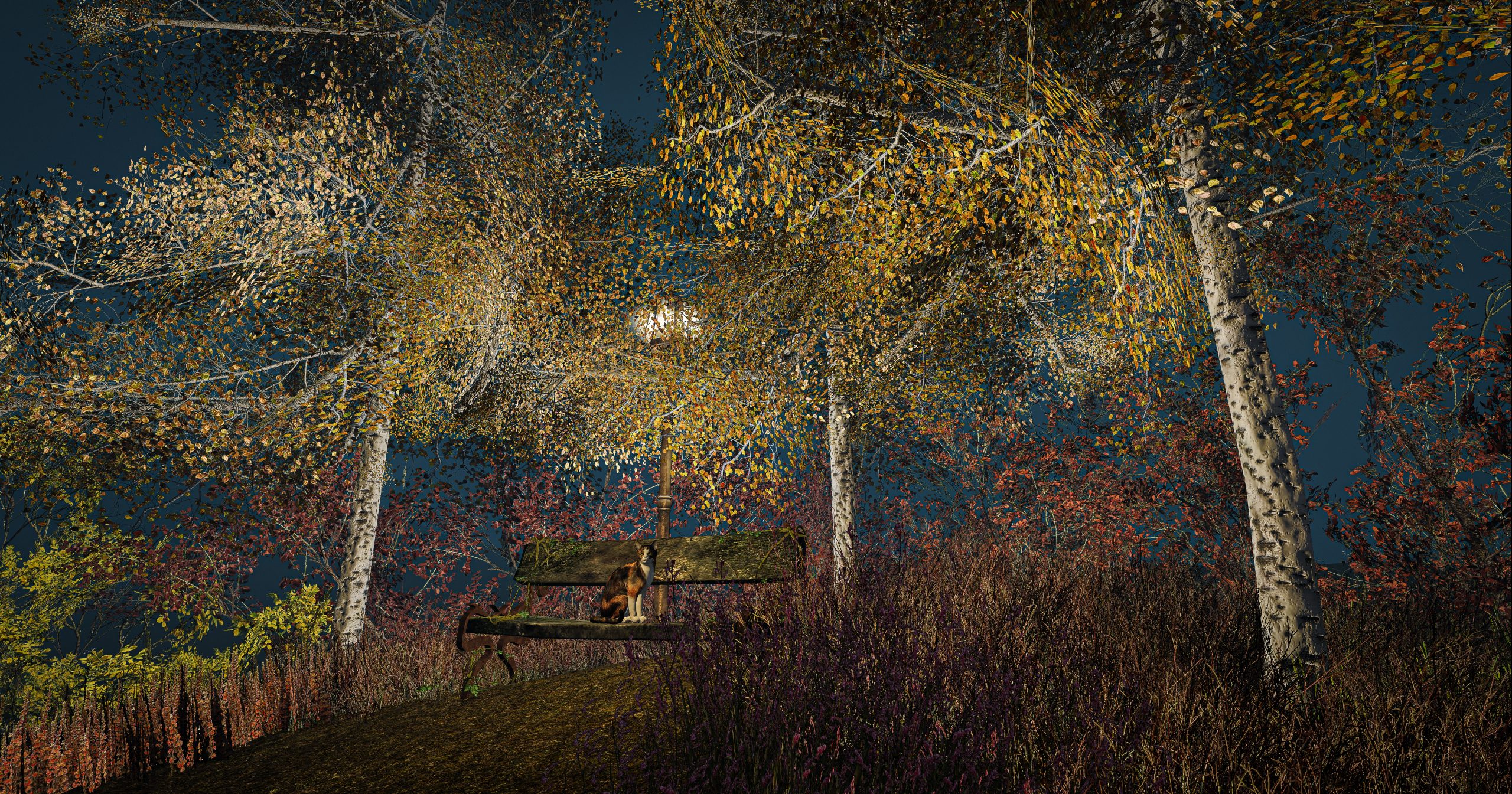 Golden monarch birch leaves in autumn, lantern glowing in a magical grove, virtual scene in Cats Hollow, Second Life.