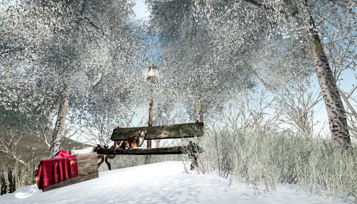 Winter Birch Grove – Silent Watch in Second Life Snow-covered birch trees with glowing lantern and red blanket on a bench, winter grove in Second Life.