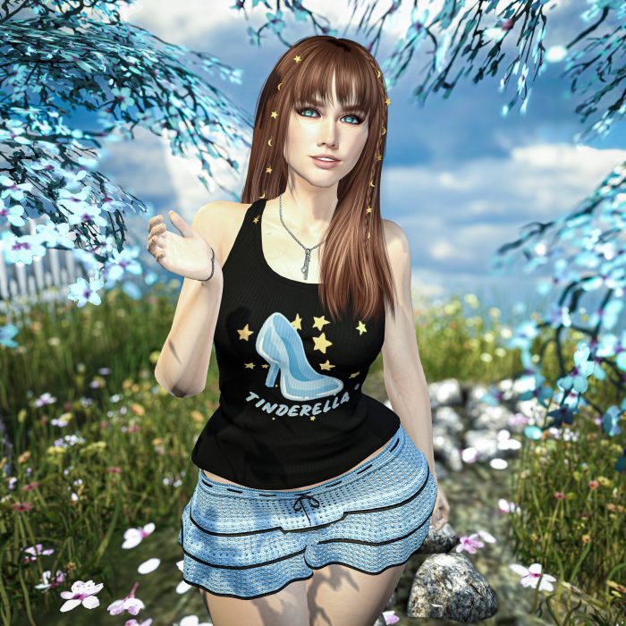 Avatar smiling among flowers, wearing playful outfit in pastel blue and black