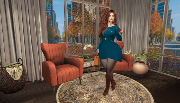 Woman standing near large windows in a turquoise knit dress, soft evening light creating a peaceful city glow.