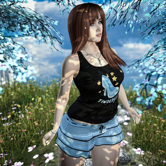 Close-up of the “Tinderella” tank top, soft focus and floral background