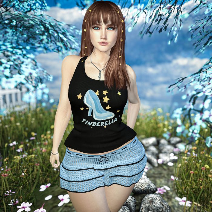 Avatar in blue skirt and black tank top with “Tinderella” print, surrounded by flowers and sunlight