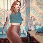 Close-up of a confident woman in teal top and soft brown pants, café décor behind her.