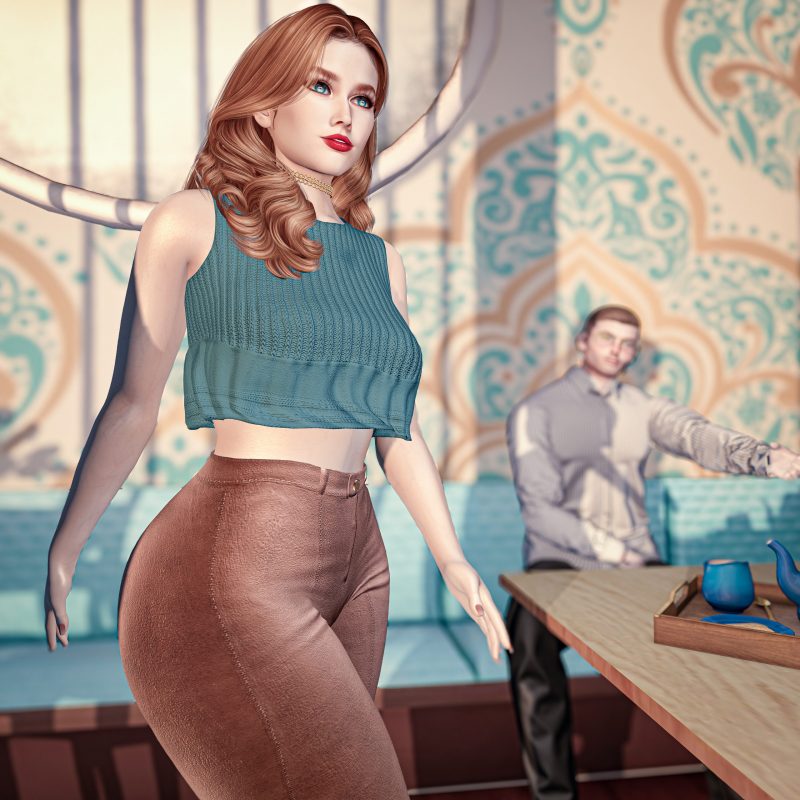 Close-up of a confident woman in teal top and soft brown pants, café décor behind her.