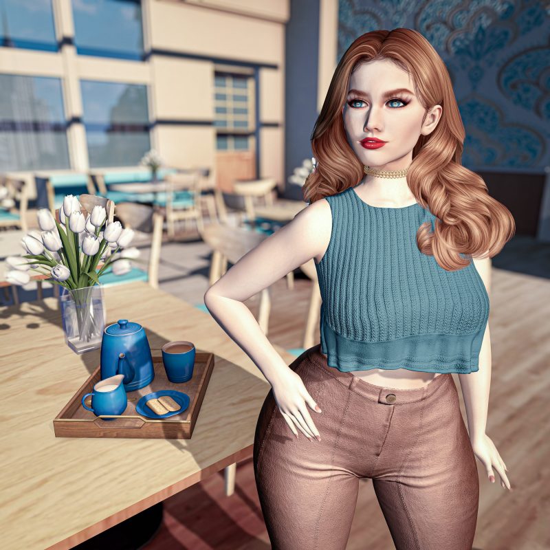 Softly lit café with woman glancing aside, man in background mid-gesture, tulips and teapot in view.