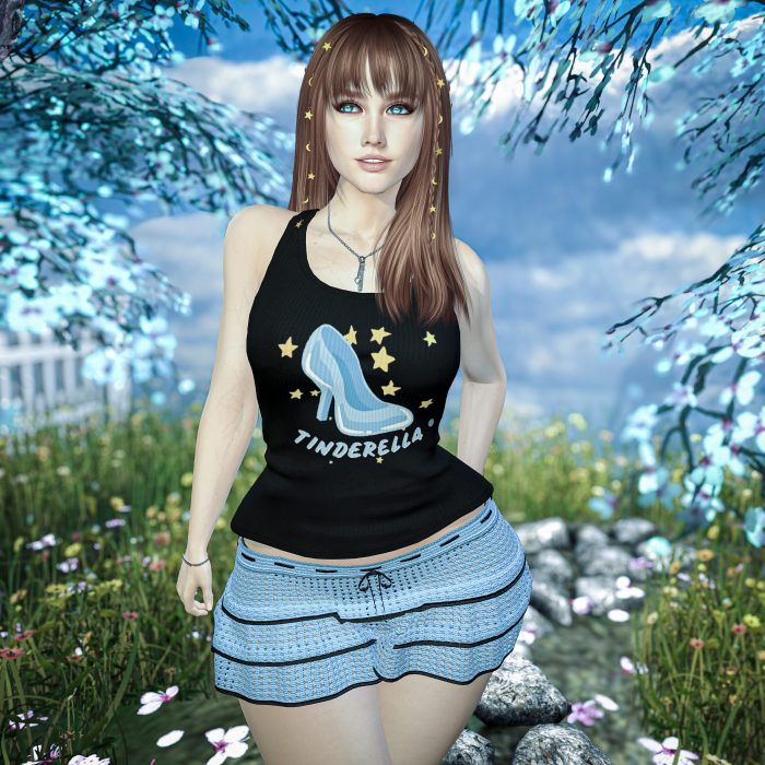 Confident look with hair adorned with golden stars, black tank top and blue mini skirt