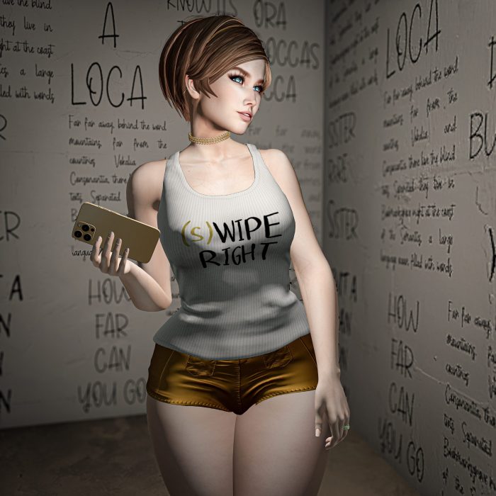 Aika Whiskers leaning against a wall with handwritten words, casual and flirty aesthetic