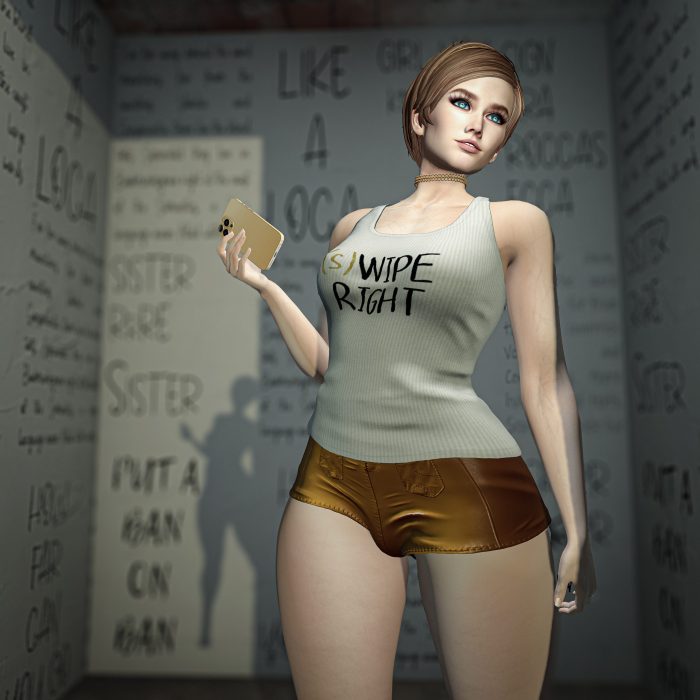 Avatar in gold shorts and white tank top with “(S)wipe Right” print, holding smartphone, confident pose