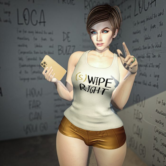 Avatar gesturing playfully with smartphone, white tank top and gold shorts