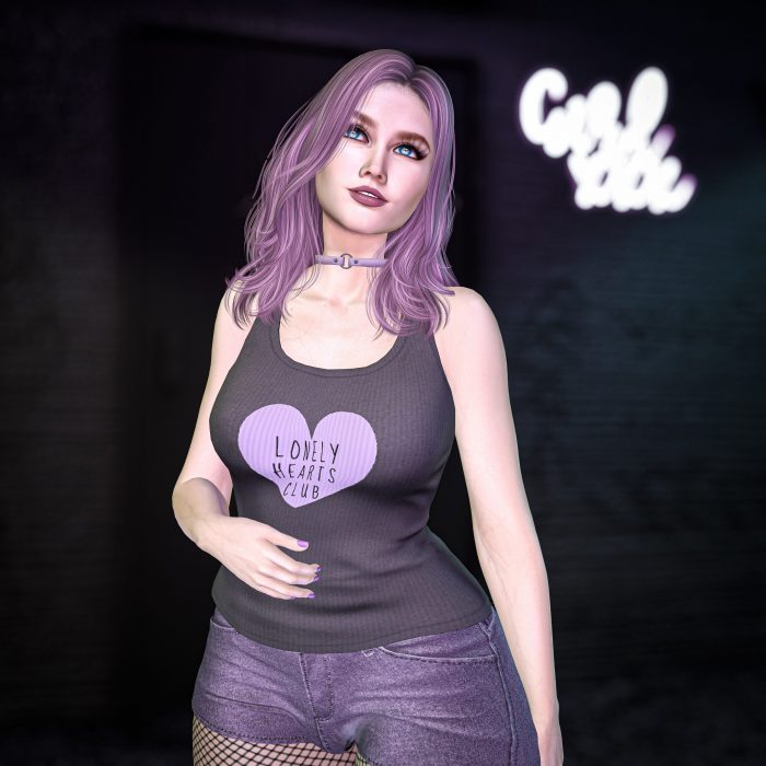 Look Portrait with purple hair and “Lonely Hearts Club” tank, neon-lit atmosphere