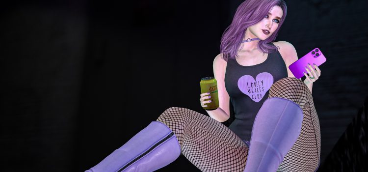 Avatar sitting with drink and phone, wearing purple boots and tank top, late-night vibe