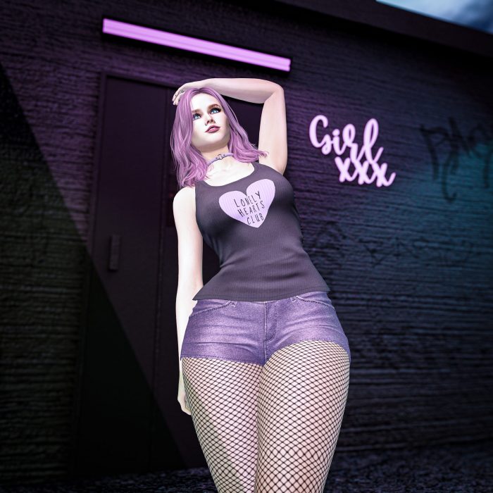 Avatar in purple outfit standing under neon light, wearing a black tank top with “Lonely Hearts Club” print, urban night scene